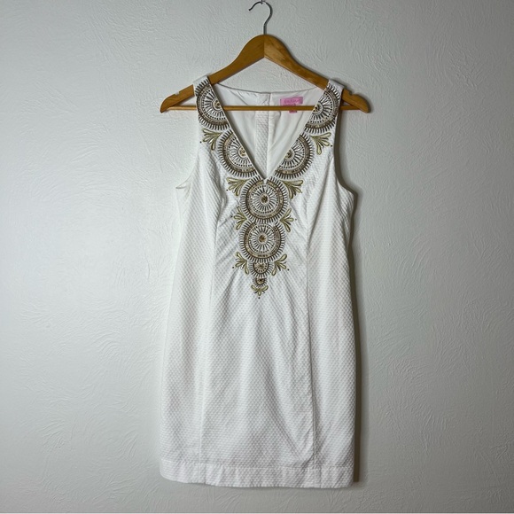 Lilly Pulitzer Gabby Shift Dress White Gold Embroidered Cotton Lined Size 6